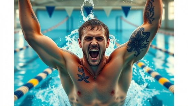 Triumphant swimmer with tattoos celebrates after race win