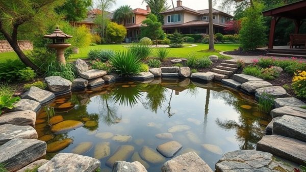 Tranquil garden pond with stones and greenery, serene landscape.