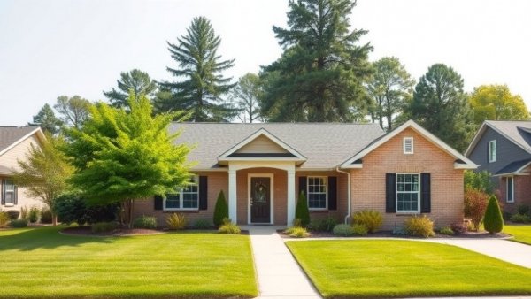 Charming beige brick house with lush garden.