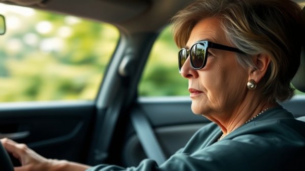 Middle-aged woman driving during Schengen road trip.