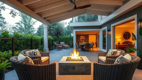 Stylish outdoor living space with modern fire pit, home design trends.