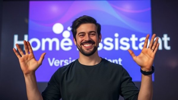 Smiling man discussing Home Assistant 2026.8 features in a colorful graphic.