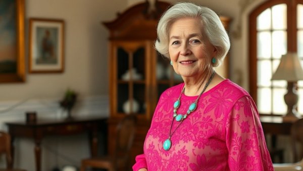 Elegant fashion for women over 60, showcasing a chic pink lace top and turquoise accessories.