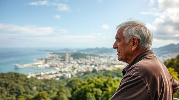 Retire on Koh Samui, thoughtful man overlooking cityscape.