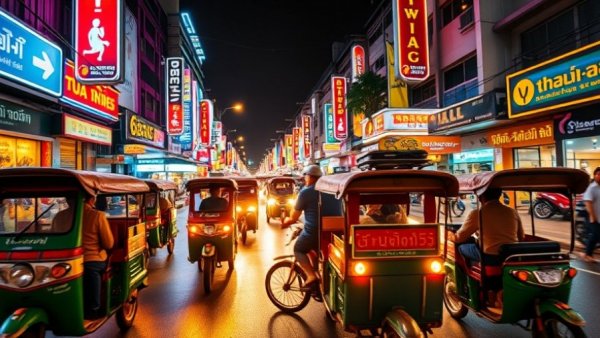 Bustling Thai street with tuk-tuks and neon signs, vibrant cityscape.