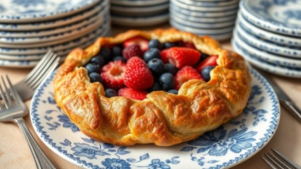 Rustic berry galette transitioning from summer to fall on a blue plate.