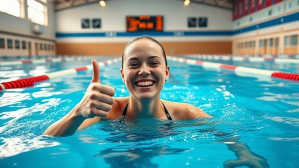 Female swimmer smiles and gives thumbs-up at European swimming championships 2023.