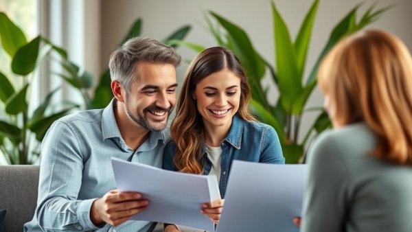Couple with advisor reviewing documents to sell a life insurance policy