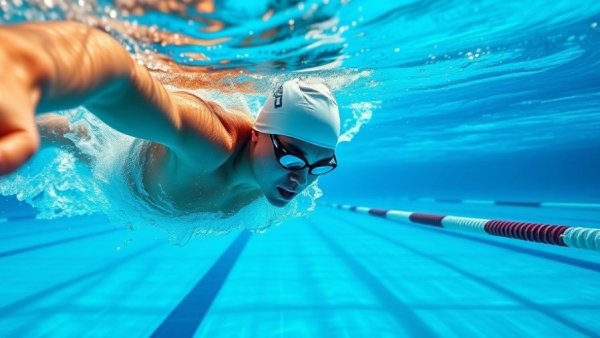 Swimmer showing flip turn technique swimming underwater.