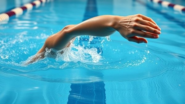 Swimmer's elbow hitting the water in a dynamic pool scene