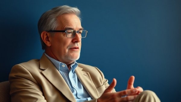 Man in beige suit discussing schools related to relocating to another country.