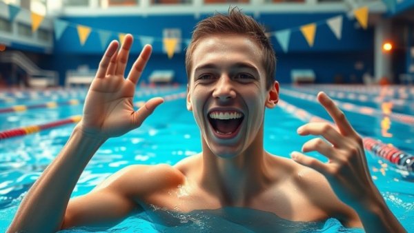 Swimmer celebrating U.S. 800 freestyle relay victory in pool