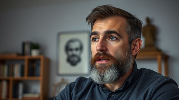 Middle-aged man speaks thoughtfully indoors, shiplap overload.