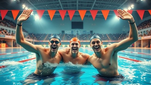 U.S. swimmers celebrate 4x100M freestyle relay victory with smiles.