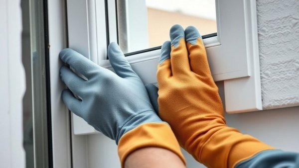 DIY windows installation with polystyrene foam and gloves.