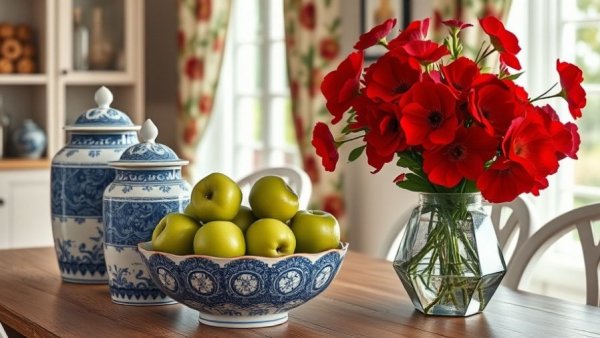 Fall decorating tips: cozy table setting with ceramic jars and flowers.