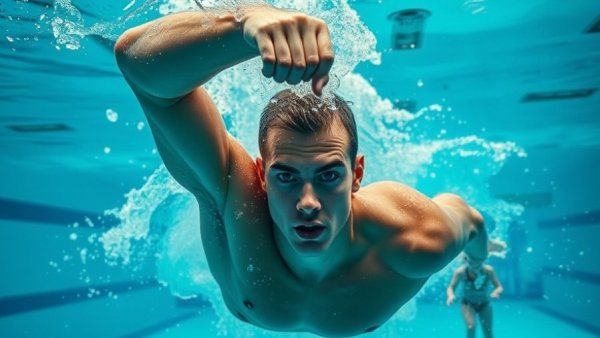Underwater swimmer practicing high elbow technique in pool.