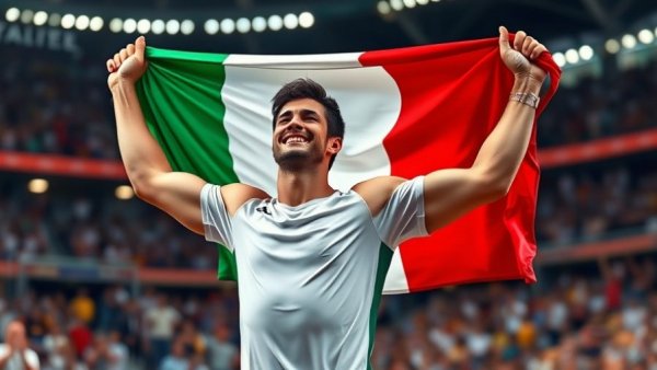 Athlete celebrating with Italian flag in stadium, Andy Díaz Hernández Triple Jump World Record.