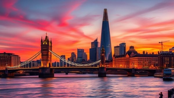 Vibrant London cityscape at sunset with the Tower Bridge and Shard