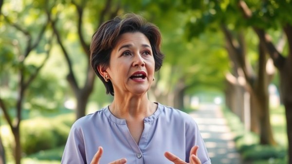 Middle-aged woman discussing relocation opportunities abroad.