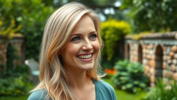 Blonde woman speaking confidently in a green garden, semi-permanent European lifestyle