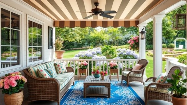 Home design inspiration: cozy patio with striped awning and garden.