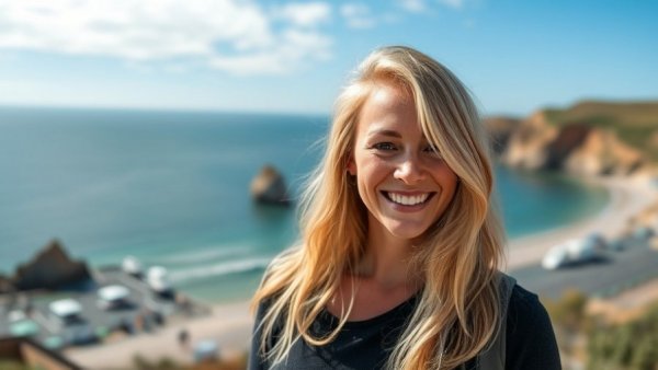 Aberdour Scotland travel thumbnail showcasing coastal scenery and smiling woman.