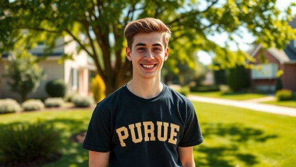 Young man in Purdue t-shirt smiling outdoors, Jack Street Purdue Swim Commitment.