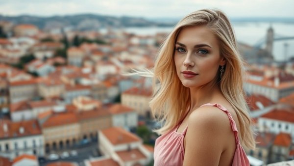 Vibrant Lisbon cityscape with thoughtful woman moving to Portugal in your 50s.