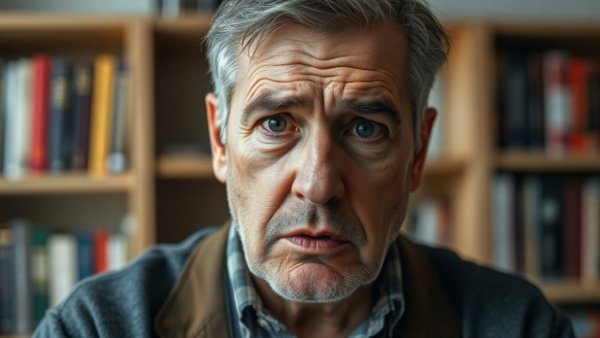 Frustrated man discussing how to remove popcorn ceilings indoors.