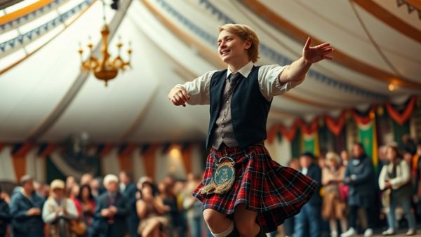 Dancer in Scottish attire performing on stage at a festival.