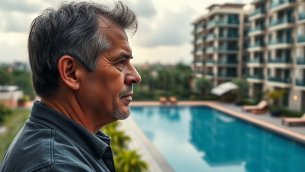 Living like a retiree in Hua Hin, man by rooftop pool surrounded by greenery.