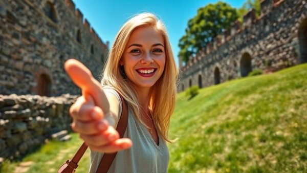 Happy woman shares her moving abroad experience in a sunny scenic setting