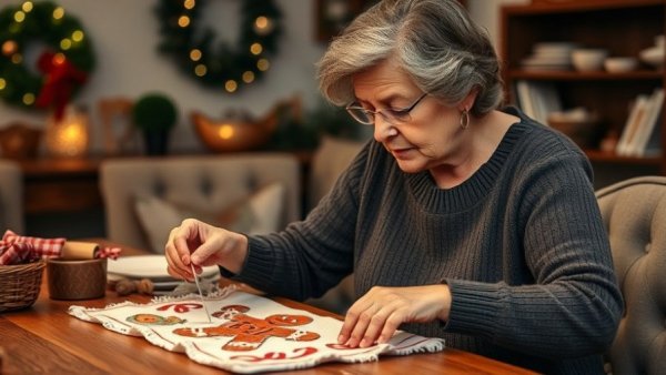 DIY Gingerbread dish towel creation process with older woman.