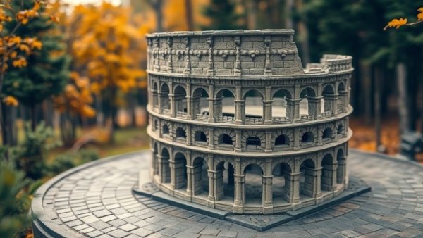 Miniature stone colosseum model with detailed arches outdoors, highlighting the power of paint in your home.
