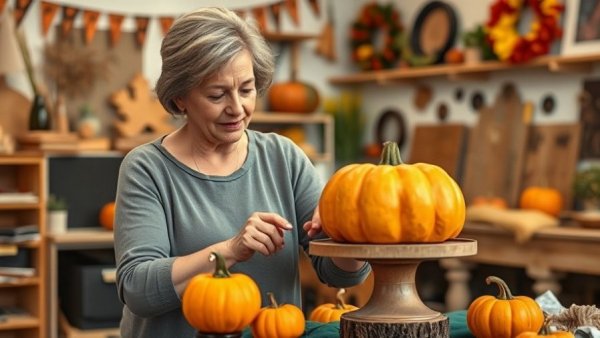 Woman creating DIY interchangeable pumpkin pedestal decor in craft studio.