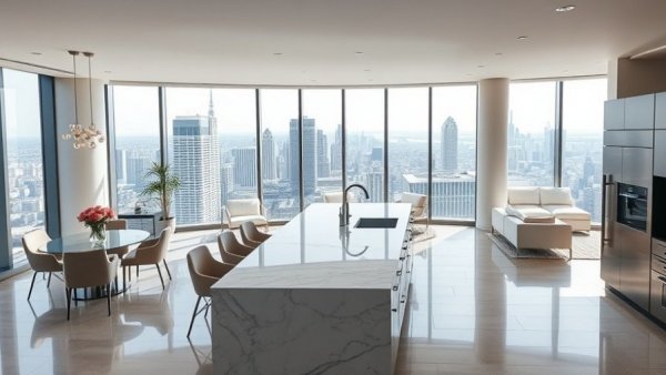 Modern open-concept condo with kitchen and city view, condo staging ideas.