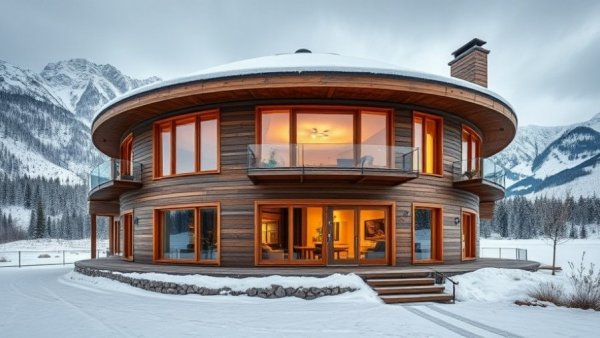 Innovative round house construction with large windows and snow.
