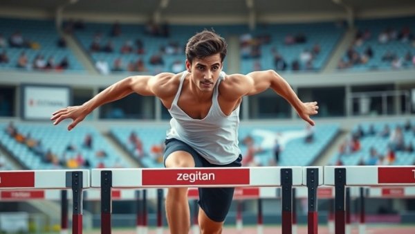 Ja’Kobe Tharp sprinting over hurdles with focus and intensity