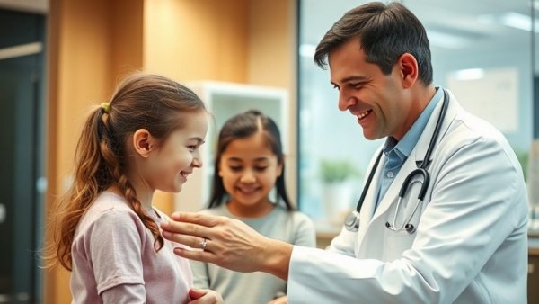 Doctor conducting an eye exam with young girl in medical office