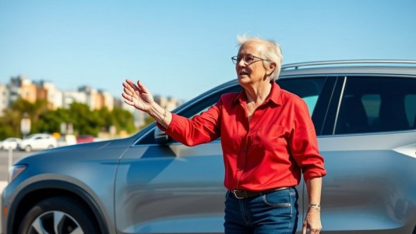 Guide to buy a car in the EU without residency, woman explaining loophole next to SUV.