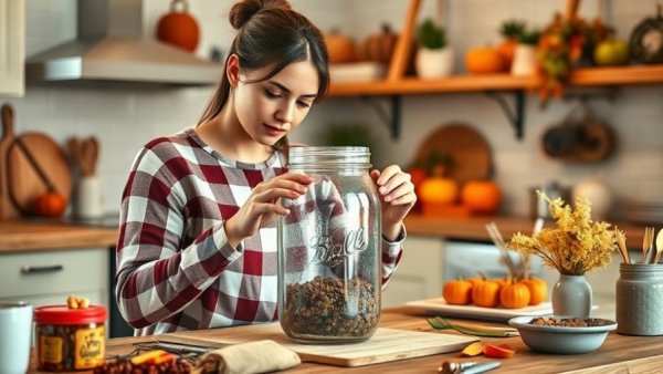 Woman creating mason jar kitchen decor with autumn theme.
