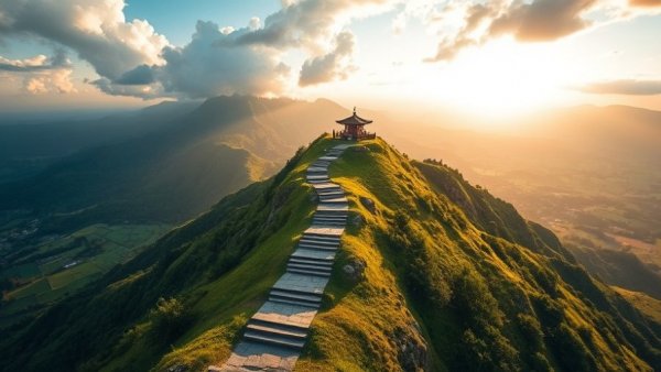 Scenic mountain with stone staircase and pagoda in lush countryside.