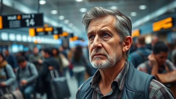Mature man at airport contemplating change amid travelers, Thailand 5-Year DTV Visa for Retirees