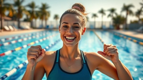 Athletic woman offering swimming tips to combat fatigue after one lap