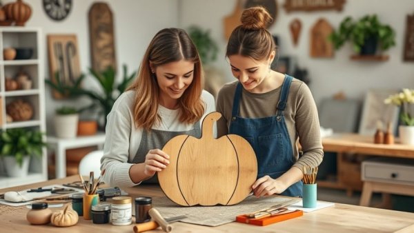 Crafting DIY wood pumpkin door hanger in bright workshop