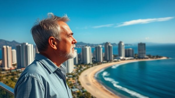 Retirement in Jomtien Thailand: serene beach scene with thoughtful man.