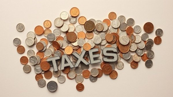 Coins and 'TAXES' letters on a neutral background.