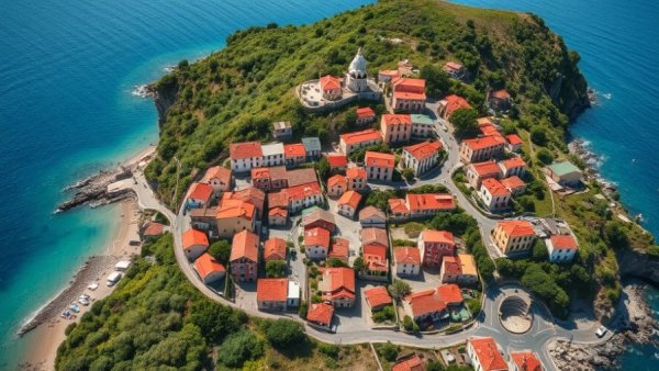 Aerial view of a picturesque European town near the sea