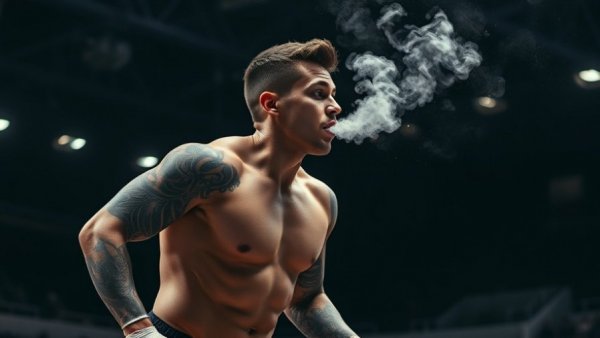 Tattooed gymnast exhaling mist at 2026 Mediterranean Games All-Around Final.